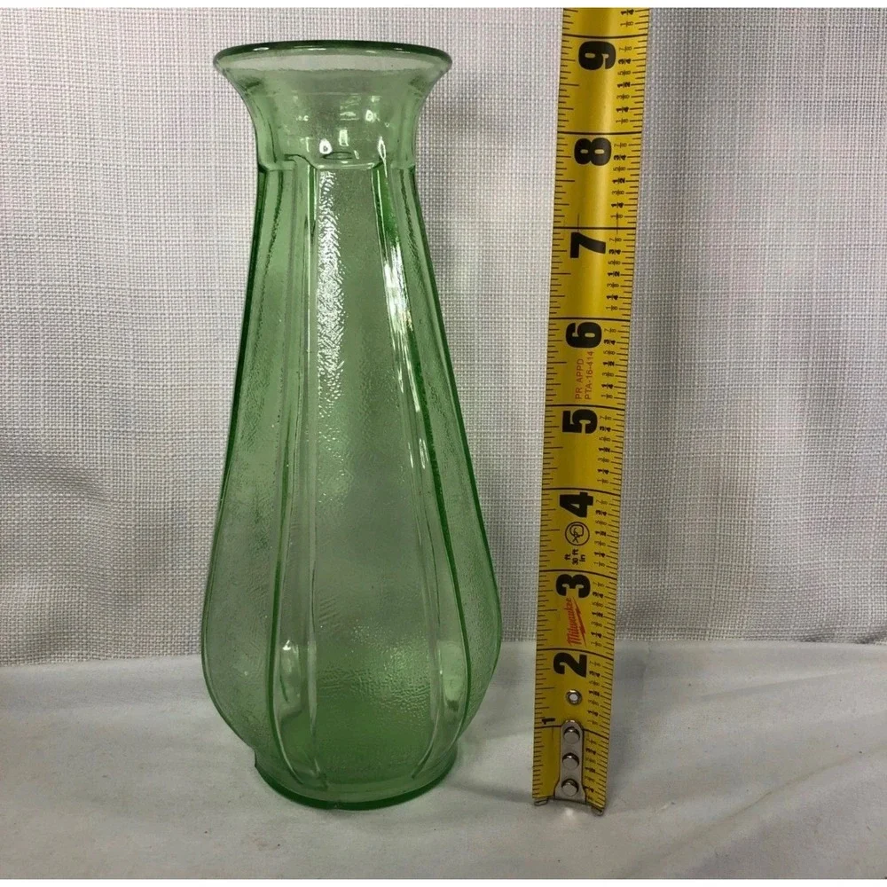 Vintage Green Ribbed Uranium Glass Vase Textured Stippled Art Deco Style Decor